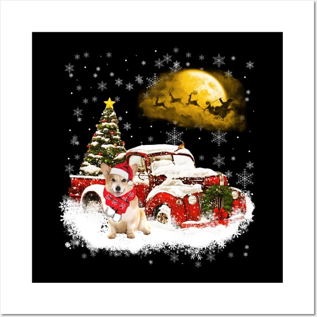 Red Truck Xmas Tree Corgi Christmas Wall Art by Benko Clarence